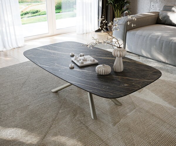 DELIFE Dohányzóasztal Edge hajóformájú 140x80 cm Laminam® kerámia Noir Desir barna Sarity fém titán effektfinish