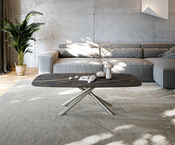 DELIFE Dohányzóasztal Edge hajóformájú 140x80 cm Laminam® kerámia Noir Desir barna Sarity fém titán effektfinish