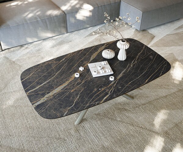 DELIFE Dohányzóasztal Edge hajóformájú 140x80 cm Laminam® kerámia Noir Desir barna Sarity fém titán effektfinish