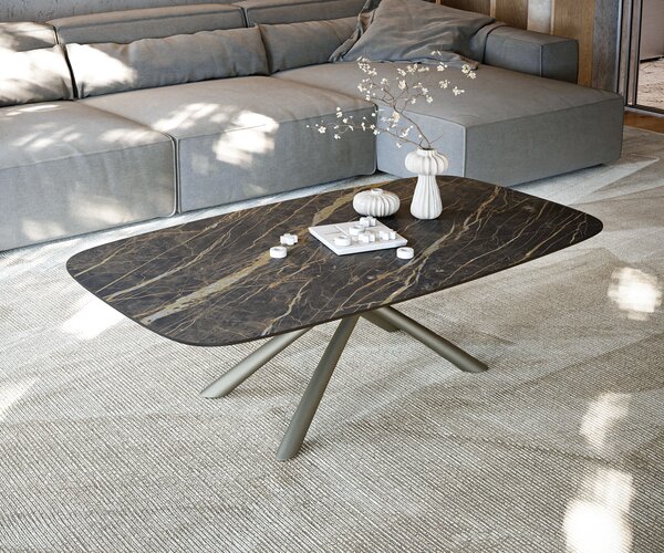 DELIFE Dohányzóasztal Edge hajóformájú 140x80 cm Laminam® kerámia Noir Desir barna Sarity fém titán effektfinish