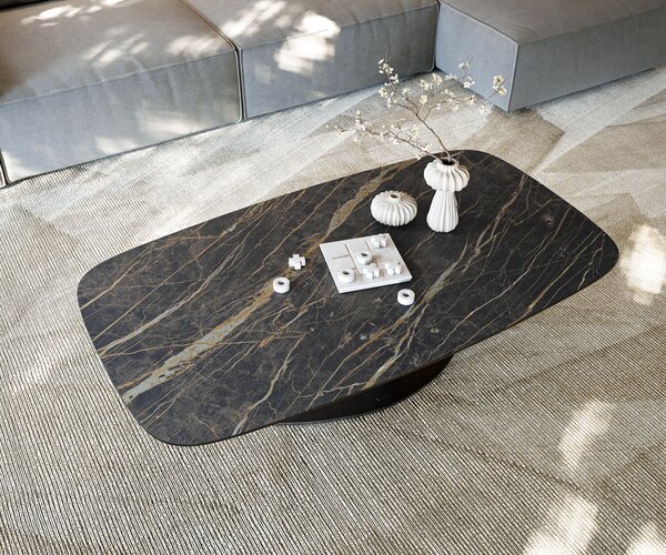 DELIFE Dohányzóasztal Edge hajóformájú 140x80 cm Laminam® kerámia Noir Desir barna Vibany fém fekete