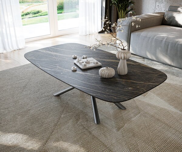 DELIFE Dohányzóasztal Edge hajóformájú 140x80 cm Laminam® kerámia Noir Desir barna Sarity fém fekete