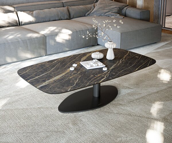 DELIFE Dohányzóasztal Edge hajóformájú 140x80 cm Laminam® kerámia Noir Desir barna Vibany fém fekete