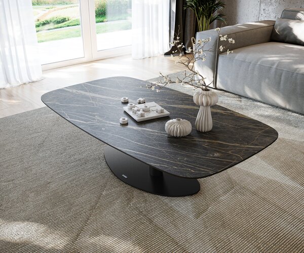 DELIFE Dohányzóasztal Edge hajóformájú 140x80 cm Laminam® kerámia Noir Desir barna Vibany fém fekete