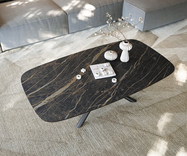 DELIFE Dohányzóasztal Edge hajóformájú 140x80 cm Laminam® kerámia Noir Desir barna Sarity fém fekete