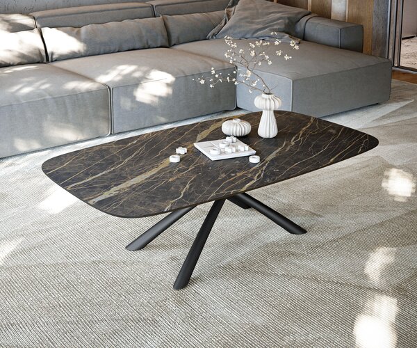 DELIFE Dohányzóasztal Edge hajóformájú 140x80 cm Laminam® kerámia Noir Desir barna Sarity fém fekete