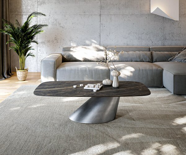 DELIFE Dohányzóasztal Edge hajóformájú 140x80 cm Laminam® kerámia Noir Desir barna Conis metál ezüst