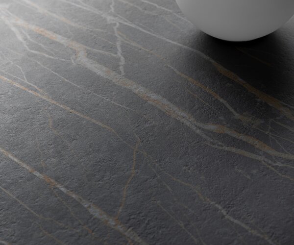 DELIFE Dohányzóasztal Edge hajóformájú 140x80 cm Laminam® kerámia Noir Desir barna Conis metál ezüst