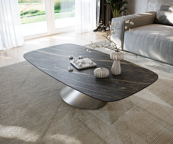 DELIFE Dohányzóasztal Edge hajóformájú 140x80 cm Laminam® kerámia Noir Desir barna Conis metál ezüst