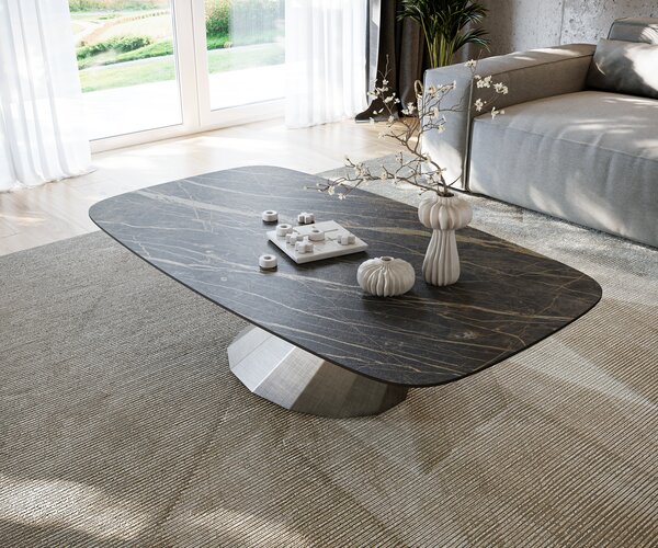 DELIFE Dohányzóasztal Edge hajóformájú 140x80 cm Laminam® kerámia Noir Desir barna Parabi metál ezüst