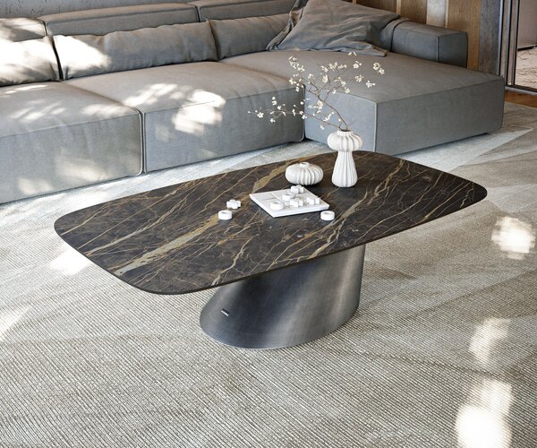 DELIFE Dohányzóasztal Edge hajóformájú 140x80 cm Laminam® kerámia Noir Desir barna Conis metál ezüst