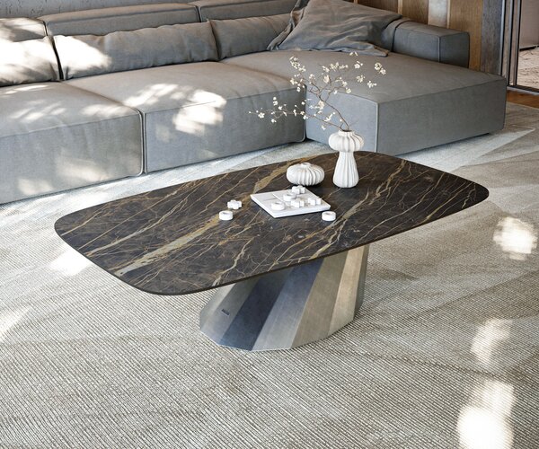 DELIFE Dohányzóasztal Edge hajóformájú 140x80 cm Laminam® kerámia Noir Desir barna Parabi metál ezüst
