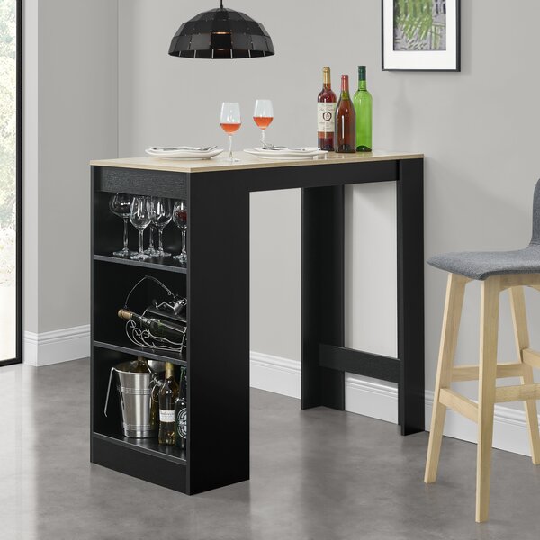 Elegáns bárasztal italtartó polccal, 110 x 50 x 103 cm, Fekete/tölgyfa-hatású