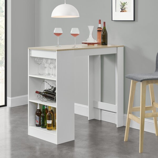 Elegáns bárasztal italtartó polccal, 110 x 50 x 103 cm, Fehér/tölgyfa-hatású
