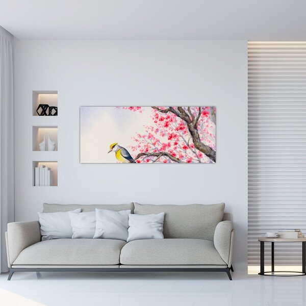 Kép - Madár egy fán, piros virágokkal (120x50 cm)