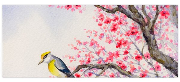 Kép - Madár egy fán, piros virágokkal (120x50 cm)