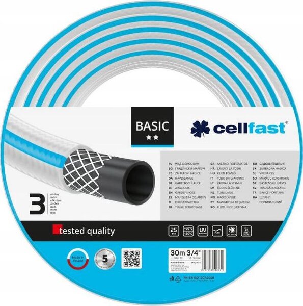 Cellfast Basic Kerti tömlő, 3 rétegű, Megerősített, 30 m, UV védelem, Szürke/Kék