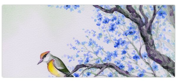 Kép - Madár egy fán kék virágokkal (120x50 cm)