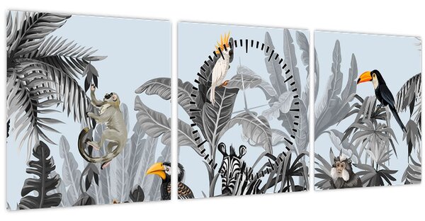 Állatok képe egy trópusi erdőben (órával) (90x30 cm)