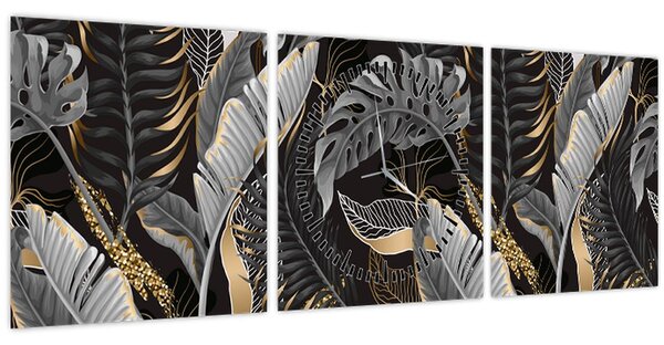 Kép - Trópusi levelek fekete és arany színben (órával) (90x30 cm)