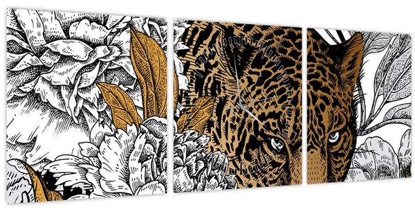 Kép - leopárd a virágok között (órával) (90x30 cm)