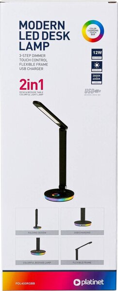 PLATINET Asztali lámpa RGB, 12W, USB-A és USB-C töltő portal, 6000K, 500 Lumen, fekete