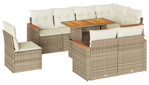 VidaXL 9 részes bézs polyrattan akácfa kerti ülőgarnitúra párnákkal