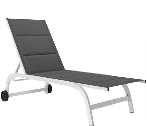 Outsunny kerti napozóágy görgőkkel, párnázott dönthető napozóágy, alumínium keret, 120 kg teherbírás, fehér