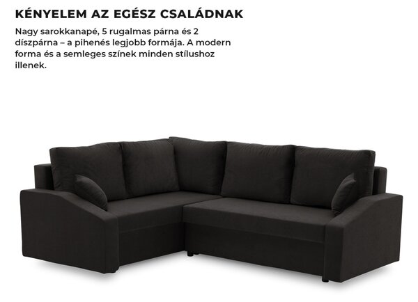 Grande Plus sarokkanapé, baloldali, szövet anyag, fekete
