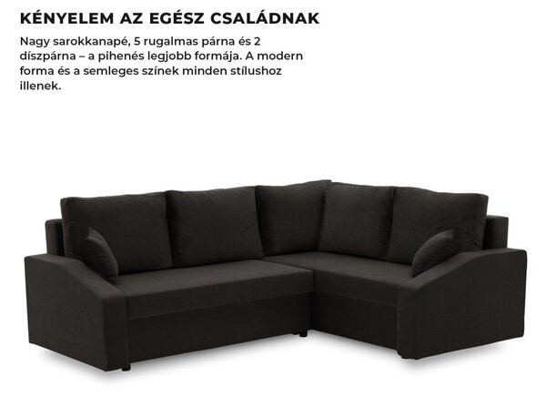 Grande Plus sarokkanapé, jobboldali, szövet anyag, fekete