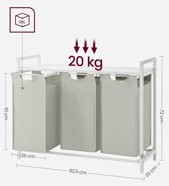 Szennyestartó 3 kihúzható és kivehető zsákkal -fehér/szürke