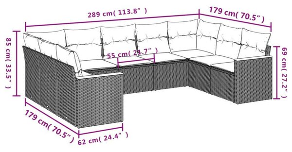 VidaXL Polyrattan Kerti Ülőgarnitúra - U alakú - 9 részes