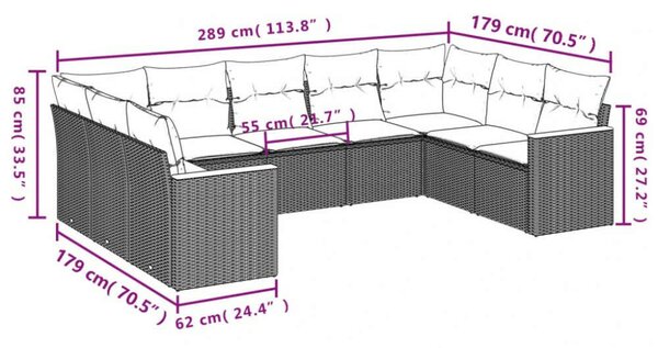 VidaXL Polyrattan Kerti Ülőgarnitúra - U alakú - 9 részes