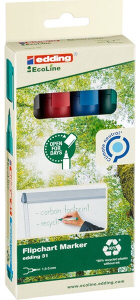 Edding 4-31-4 Flipchart jelölő 31 EcoLine Kerek hegy 1.5 - 3 mm Fekete, Piros, Kék, Zöld 4 db