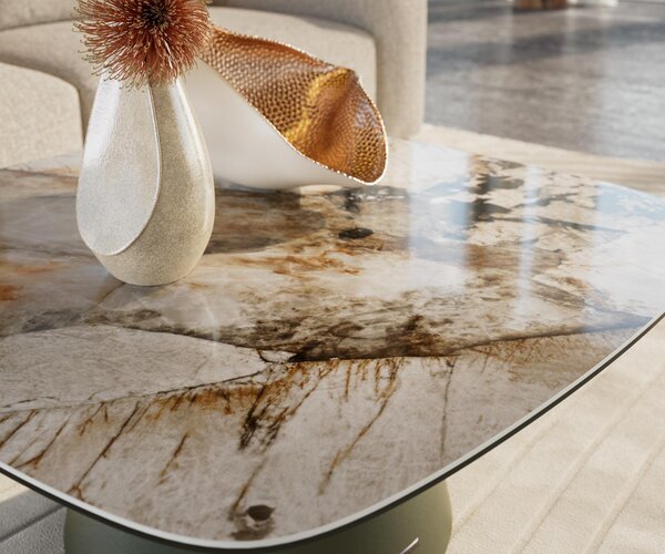 DELIFE Dohányzóasztal Edge hajóformájú 90x90 cm kerámia Patagonia polírozott Borna titán színű effektfinish