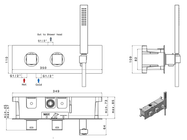 Sapho Sapho, DIMY rejtett termosztatikus zuhanycsaptelep, komplett, 2 kimenet, fekete, DM493BL
