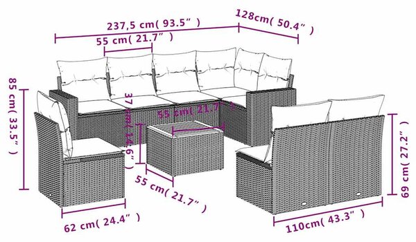 9 részes fekete polyrattan kerti ülőgarnitúra párnákkal