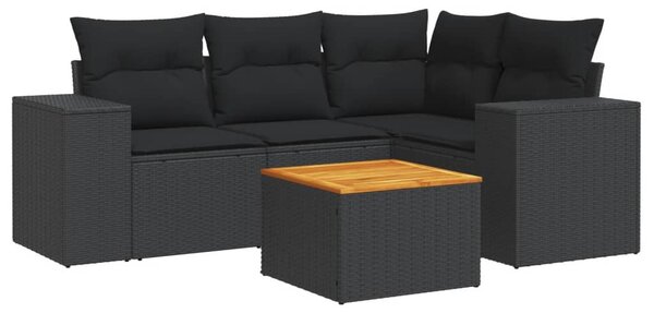 5 részes fekete polyrattan kerti kanapészett párnákkal
