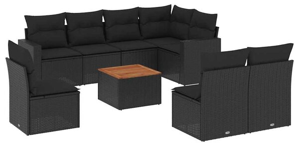 9 részes fekete polyrattan kerti ülőgarnitúra párnákkal