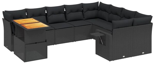10 részes fekete polyrattan kerti ülőgarnitúra párnákkal