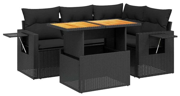 5 részes fekete polyrattan kerti kanapészett párnákkal