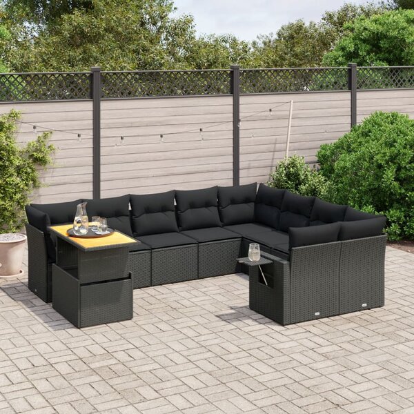 10 részes fekete polyrattan kerti ülőgarnitúra párnákkal