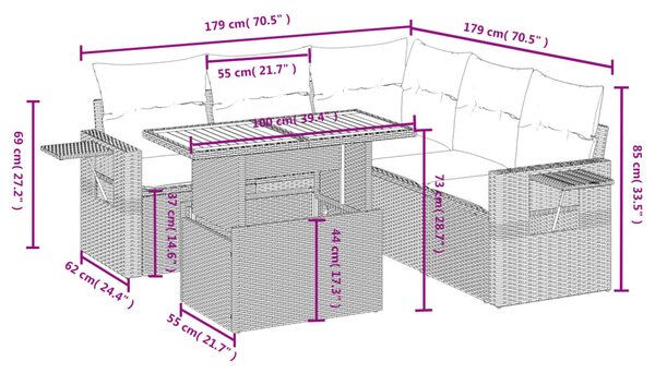 6 részes fekete polyrattan kerti ülőgarnitúra párnákkal