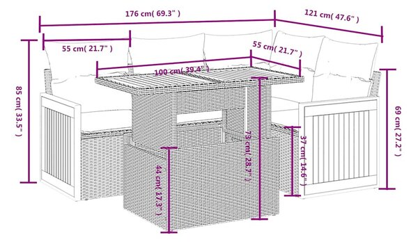 5 részes fekete polyrattan kerti kanapészett párnákkal