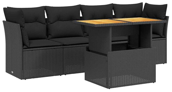 5 részes fekete polyrattan kerti kanapészett párnákkal