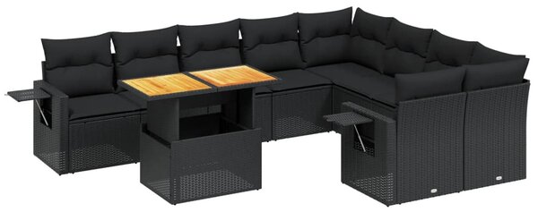 10 részes fekete polyrattan kerti ülőgarnitúra párnákkal