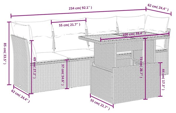 5 részes fekete polyrattan kerti kanapészett párnákkal