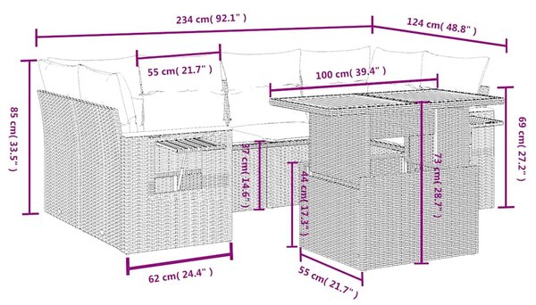 7 részes fekete polyrattan kerti ülőgarnitúra párnával