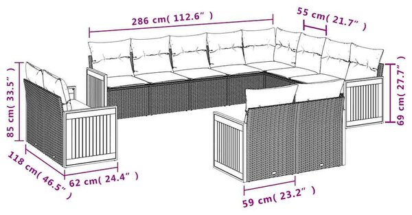 13 részes fekete polyrattan kerti ülőgarnitúra párnákkal