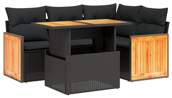 5 részes fekete polyrattan kerti kanapészett párnákkal